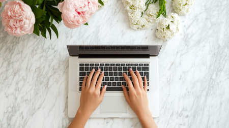 Hands typing on a laptop amidst fresh flowers on a marble surface in a bright and inviting workspaceの素材