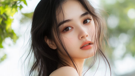 Young woman with flowing hair poses softly against a natural backdrop during bright daylightの素材