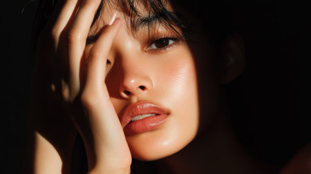 Captivating portrait of a woman with dramatic lighting and expressive features in a serene indoor settingの素材