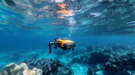 Underwater drone exploring coral reefs in clear blue oceanの素材