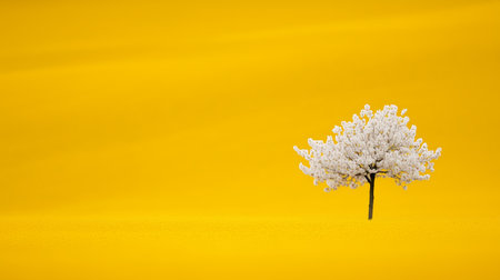 White blooming tree stands out against a vibrant yellow background in a unique compositionの素材