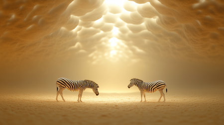 Two zebras stand facing each other in a surreal sandy environment illuminated by soft golden lightの素材
