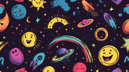 Colorful cosmic design with smiling celestial bodies and whimsical elements across a dark backgroundの素材
