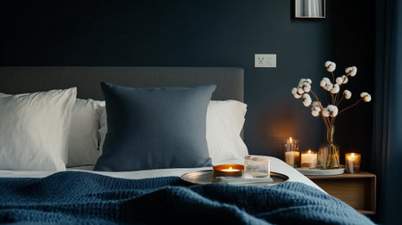 Cozy bedroom with calming decor and soft lighting creating a serene atmosphere for relaxationの素材