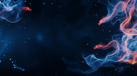 Dynamic illustration of colorful dragons amidst swirling smoke in a dark atmosphereの素材