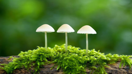 Three delicate white mushrooms growing on a moss-covered log in a lush green forest setting during the daytimeの素材