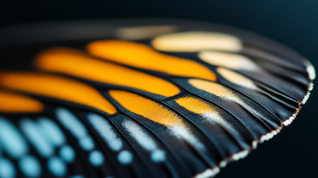 Detailed close-up of a butterfly wing showcasing vibrant colors and intricate patterns in natural lightの素材