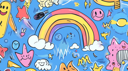 Colorful abstract art featuring smiles, rainbows, and whimsical shapes in a vibrant blue backgroundの素材