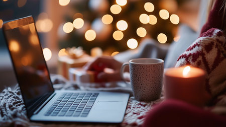 Cozy winter evening with hot drink, laptop, and holiday ambiance in a warm roomの素材
