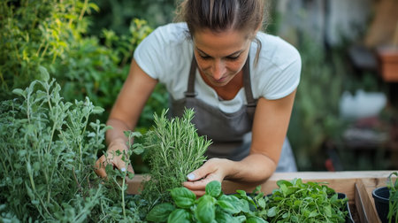 Woman tending to herb garden in sunny outdoor space during early morning hoursの素材