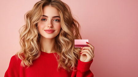 Young woman in red sweater holding a credit card against pink background with wavy hair styled elegantlyの素材