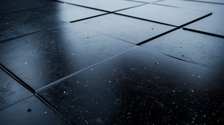Modern black tiled floor with a glossy finish reflecting light in a contemporary interior spaceの素材