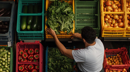 Market vendor arranging fresh vegetables and fruits in colorful crates at local market in the afternoonの素材