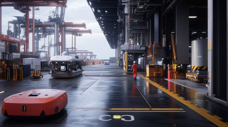 Efficient automation in a modern shipping yard during daylight with robots and workers engaged in logistical operationsの素材