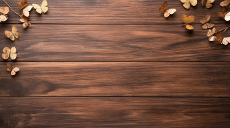 Decorative arrangement of wooden butterflies and leaves on a rustic wooden tableの素材
