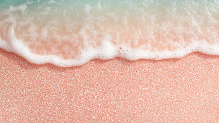 Gentle waves wash over a pink sandy beach under a clear blue sky during a sunny dayの素材
