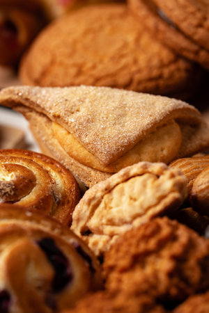 Assorted baked goods displayed on a wooden table, showcasing various textures and shapesの写真素材