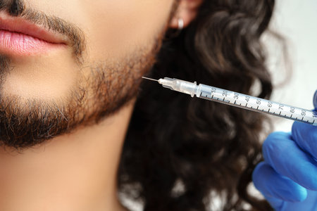 Man receiving facial treatment with a syringe for enhancing appearanceの写真素材