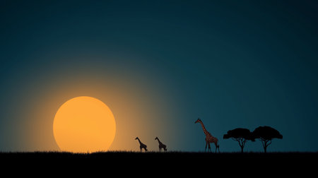 Giraffes walk against a vibrant sunset backdrop in the African savannah landscapeの素材