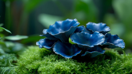 Lush blue mushrooms growing on vibrant green moss in a tranquil forest setting during daylight hoursの素材