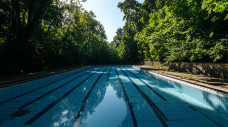 Peaceful outdoor swimming pool surrounded by lush trees on a bright sunny dayの素材