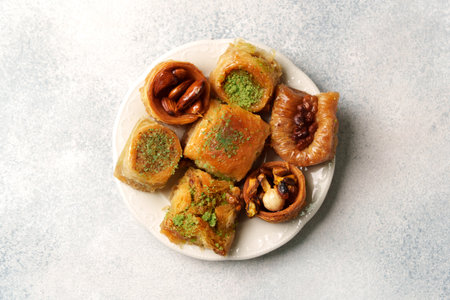 Traditional Middle Eastern desserts served on a white plate showcasing rich flavors and texturesの写真素材