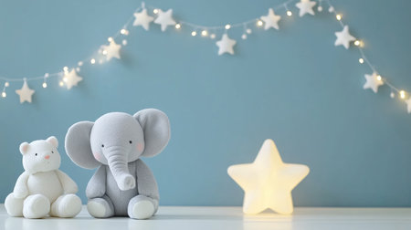 Soft toys on a light blue background with decorative stars and lights during a cozy evening settingの素材