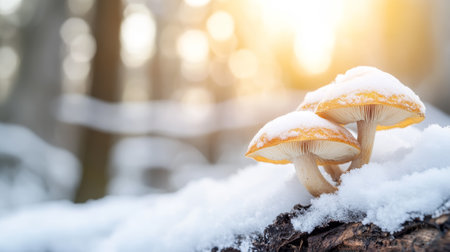 Snow-covered mushrooms emerge in a serene forest setting during winter afternoon lightの素材