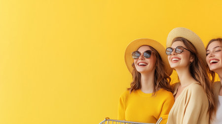 Three friends enjoying a sunny shopping day with bright yellow backdrop and cheerful expressionsの素材