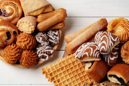 Assorted pastries and baked goods displayed on a wooden surface for a delightful dessert spreadの写真素材
