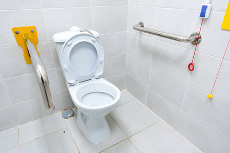 Accessible restroom with safety features for individuals with mobility challenges in a public facilityの写真素材