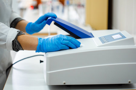 Laboratory technician operates scientific equipment for research in a clinical setting during daytime hoursの写真素材