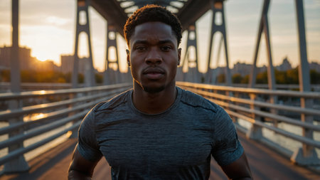 Evening jogger on bridge with sunset backdrop at city skyline creating a vibrant atmosphere in a dynamic outdoor workoutの素材