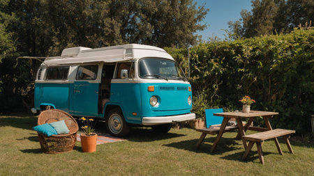 Vintage blue camper van parked in a green garden during a sunny dayの素材