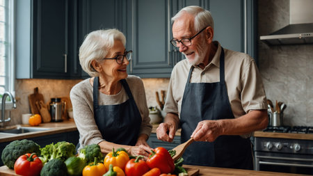 Senior couple enjoys cooking together in a modern kitchen filled with fresh vegetables and a warm atmosphereの素材