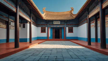 Traditional Chinese courtyard showcasing elegant architecture and vibrant colors in clear daylightの素材