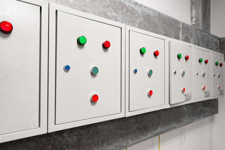 Control panels with colored buttons mounted on a grey wall in a modern facility setting during daylightの写真素材