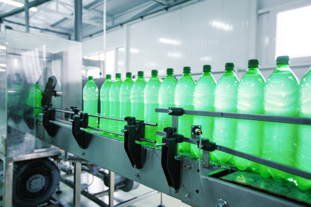 Bottles of green beverage on the assembly line in a production facility