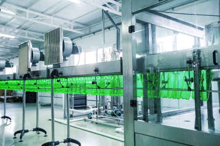 Equipment at beverage production facility showcasing automated bottling process during daylight...