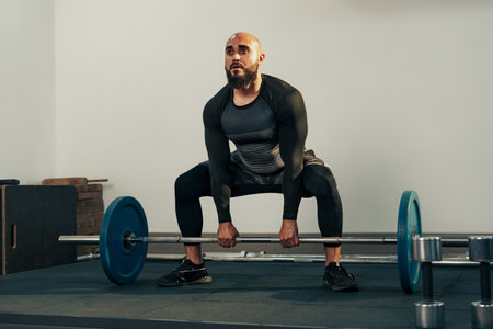Strong man lifts weights in gym during workout session focused on strength trainingの写真素材