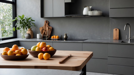 Modern kitchen with wooden table displaying fresh fruits and stylish decor in a well-lit spaceの素材