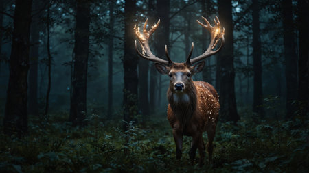 Majestic deer with glowing antlers stands in a misty forest at twilightの素材