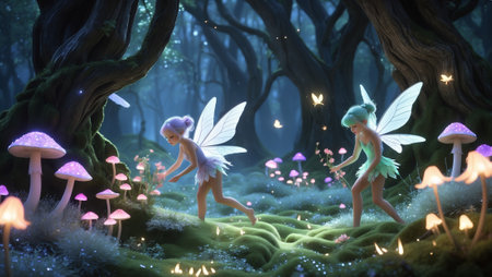Fairies exploring a magical forest filled with glowing mushrooms and enchanting lights at twilightの素材
