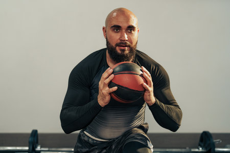 Fitness enthusiast engages in strength training with ball in a gym settingの写真素材