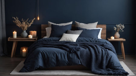 Cozy bedroom with dark blue walls, warm lighting, and inviting decor creates a peaceful sanctuary for relaxation in the eveningの素材