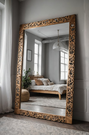 Elegant vintage mirror reflecting a cozy bedroom with natural light and minimalist decorの素材