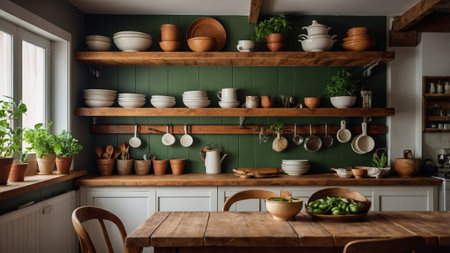 Rustic kitchen interior with wooden shelves and potted plants in a cozy home environmentの素材