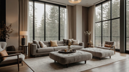 Cozy contemporary living room with large windows and modern furnishings in a serene forest setting during daytimeの素材