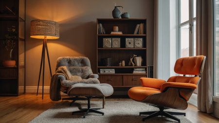 Cozy modern living room with stylish furniture and warm lighting during late afternoon hoursの素材