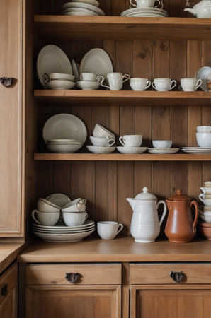 Shelves filled with white dinnerware and vintage ceramics in a rustic kitchen settingの素材